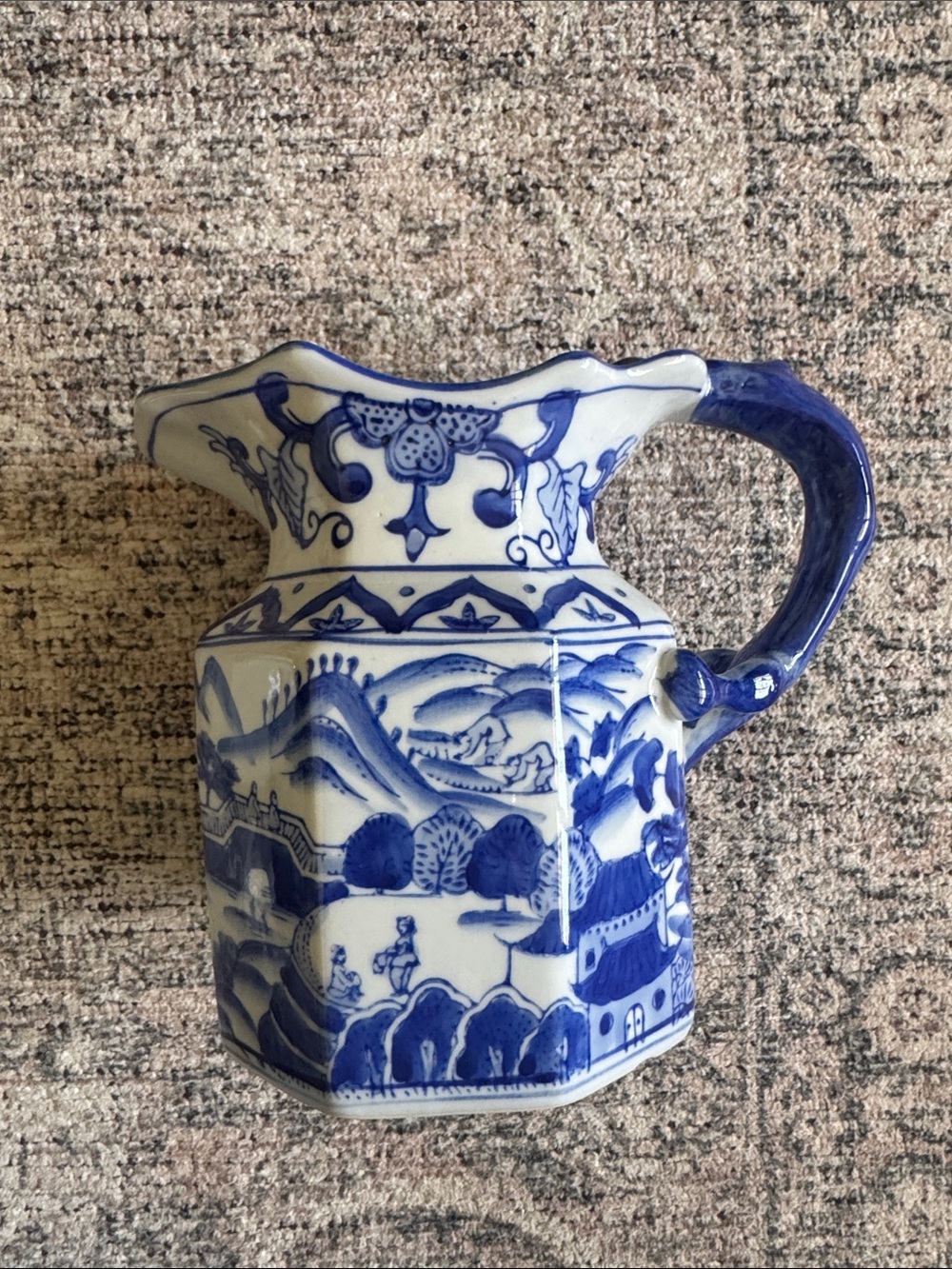 Blue and White Ceramic Pitcher Vase - Classic Scenic Design